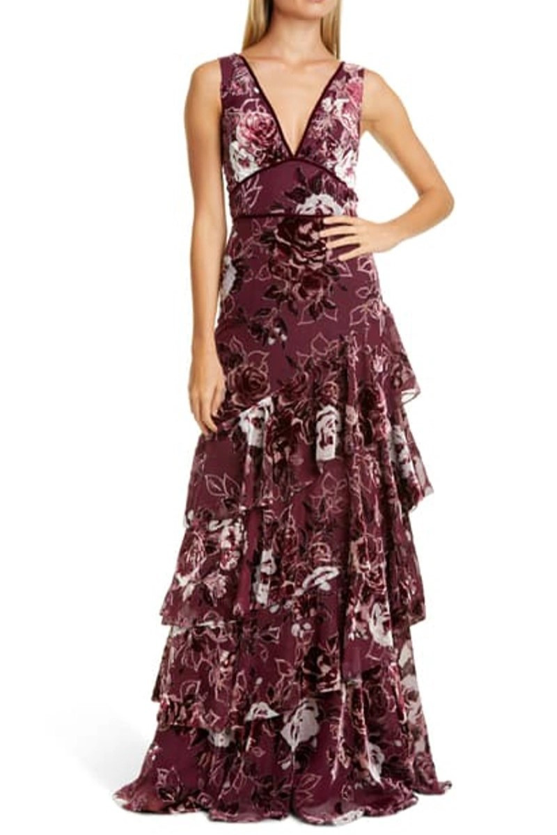 Marchesa Notte Tiered Chiffon Gown