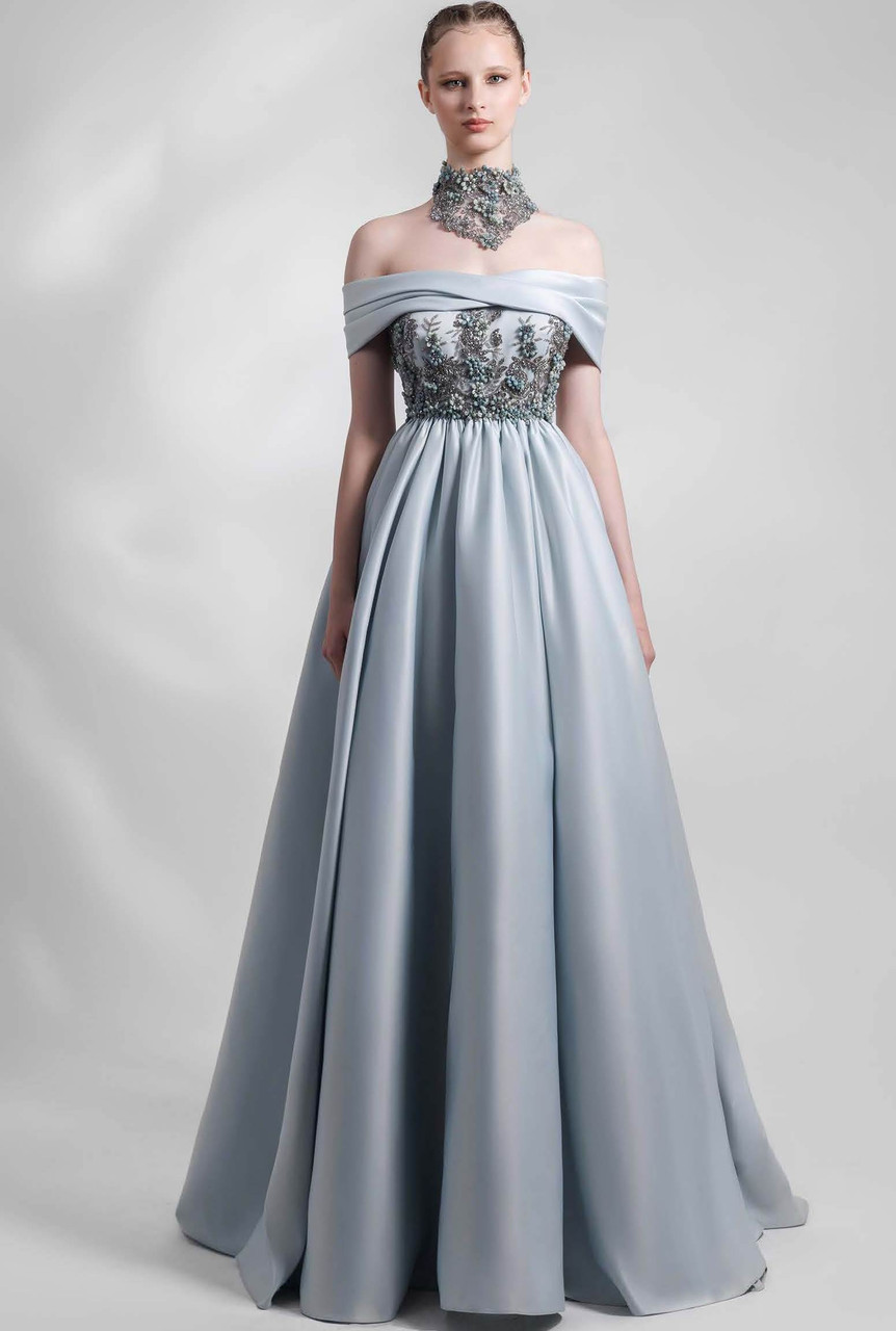 Gemy Maalouf Draped Off Shoulder Satin Gown