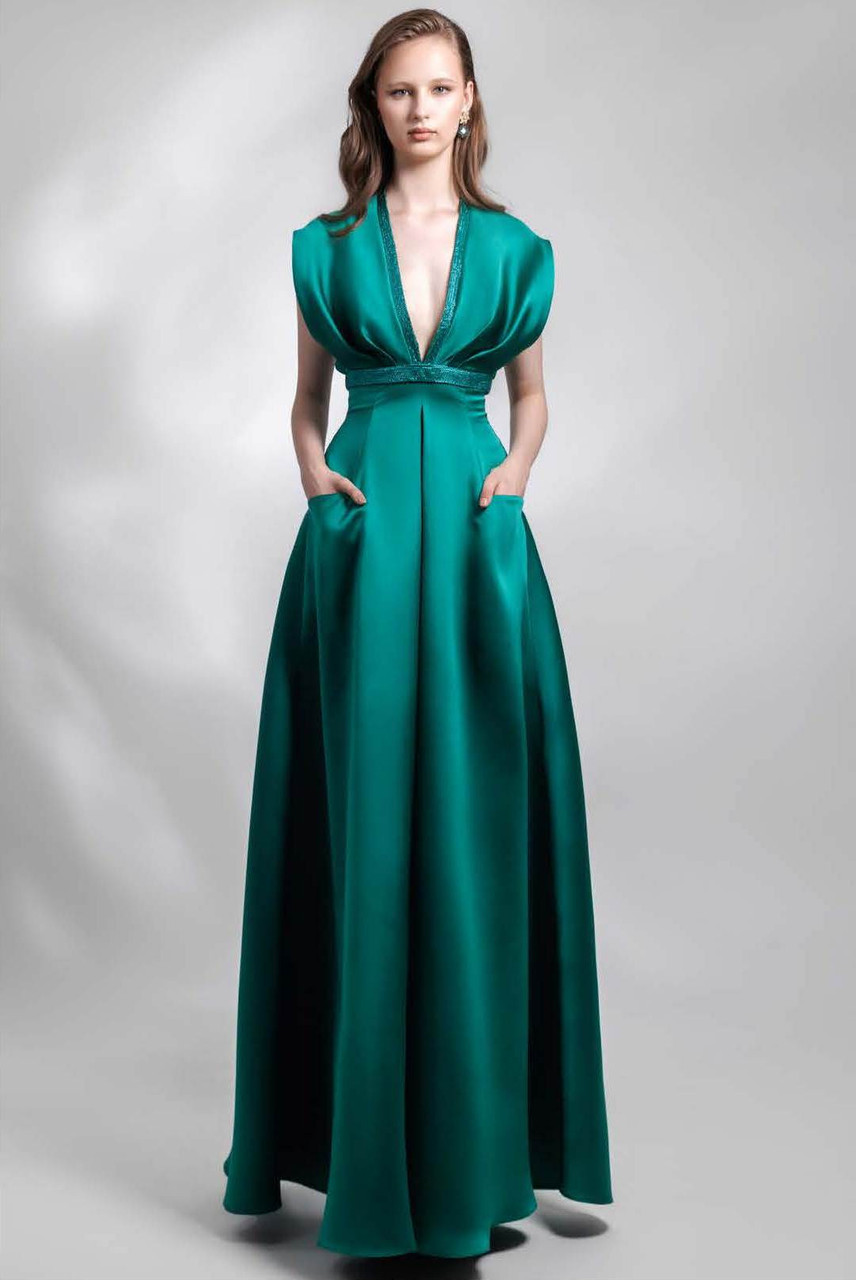 Gemy Maalouf Plunging Neck A-line Satin Gown