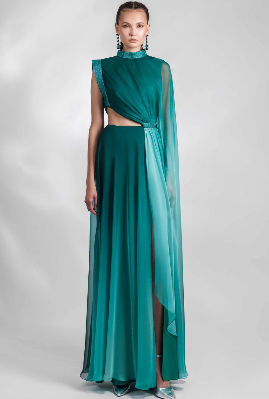 Gemy Maalouf High Neck Asymmetrical Slit Gown