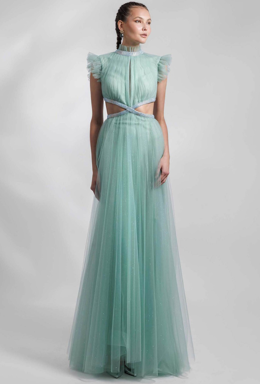 Gemy Maalouf High Neck Ruffled Tulle Gown