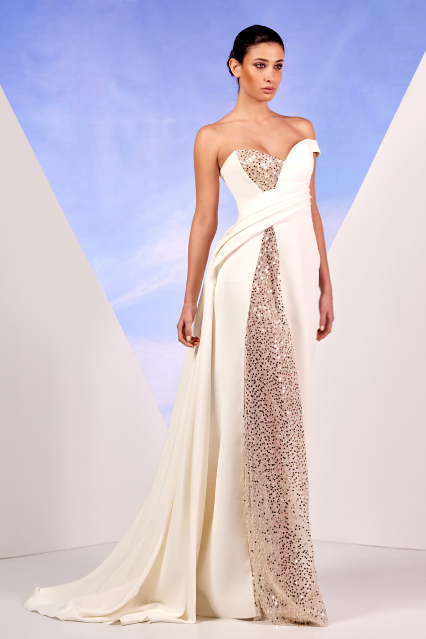 Edward Arsouni Strapless - White Crepe Gown