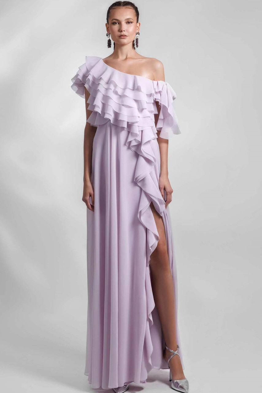 Gemy Maalouf Ruffled One Shoulder Chiffon Gown