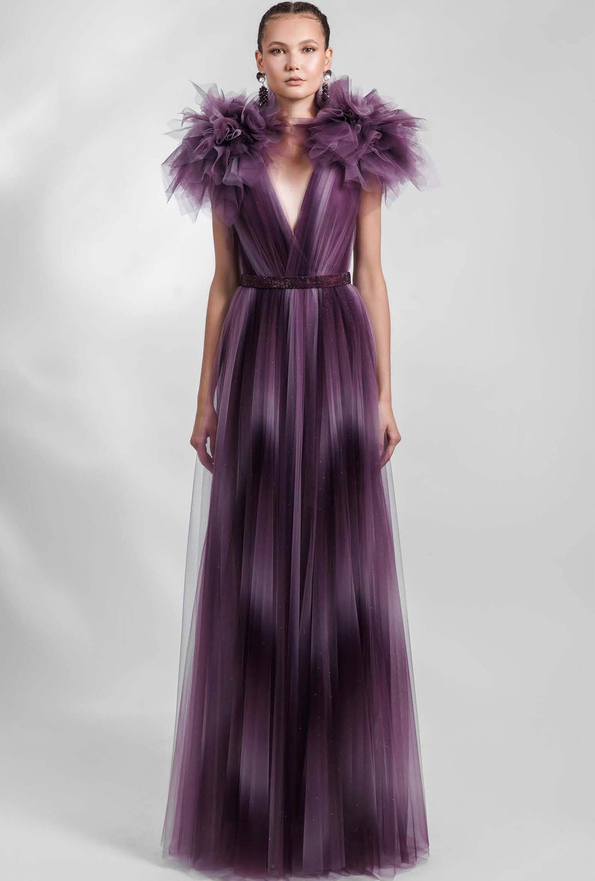 Gemy Maalouf Deep V-neck Ruffled Shoulder Tulle Gown
