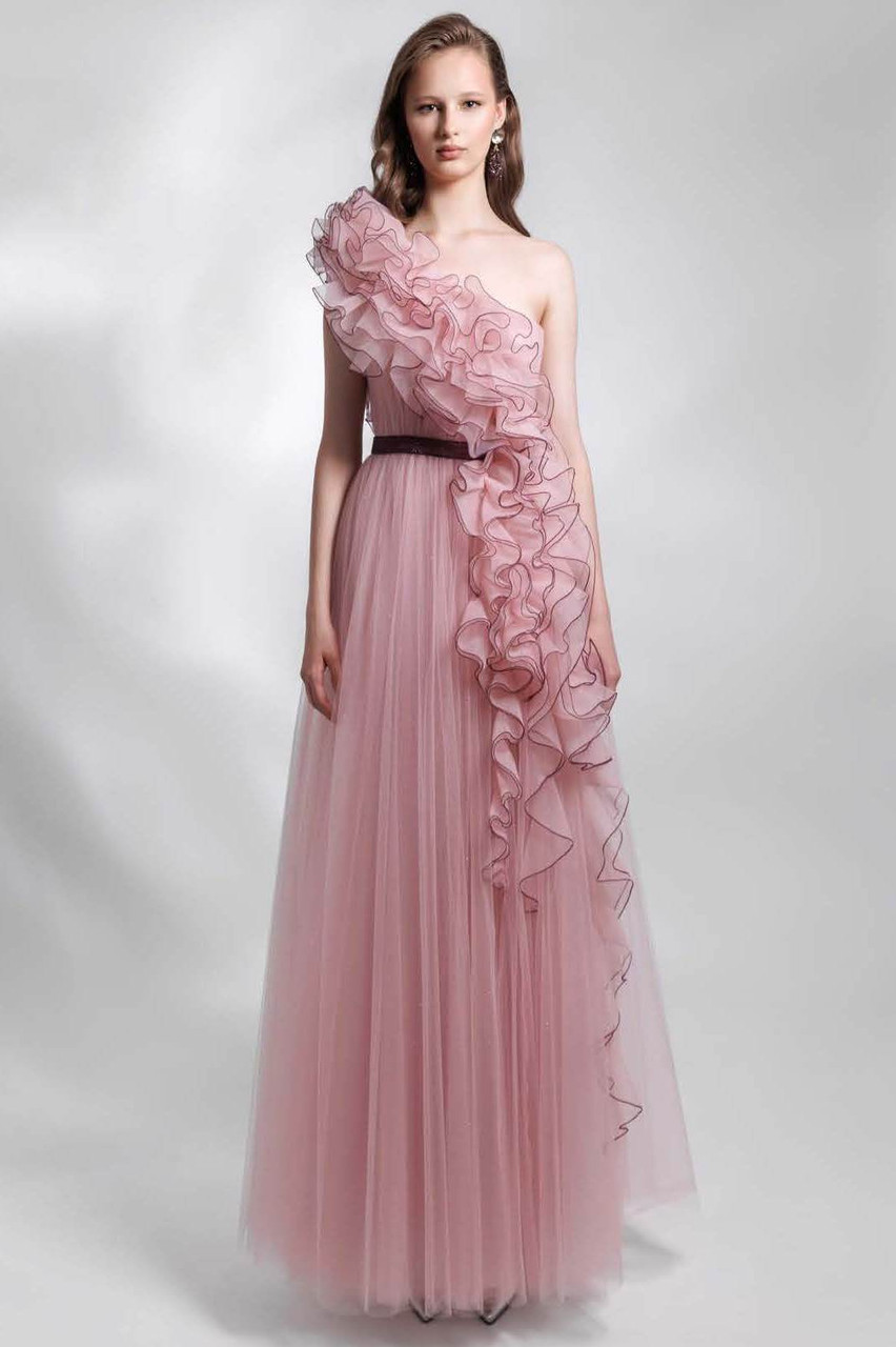 Shop Gemy Maalouf Laser-cut Ruffled One Shoulder Tulle Gown