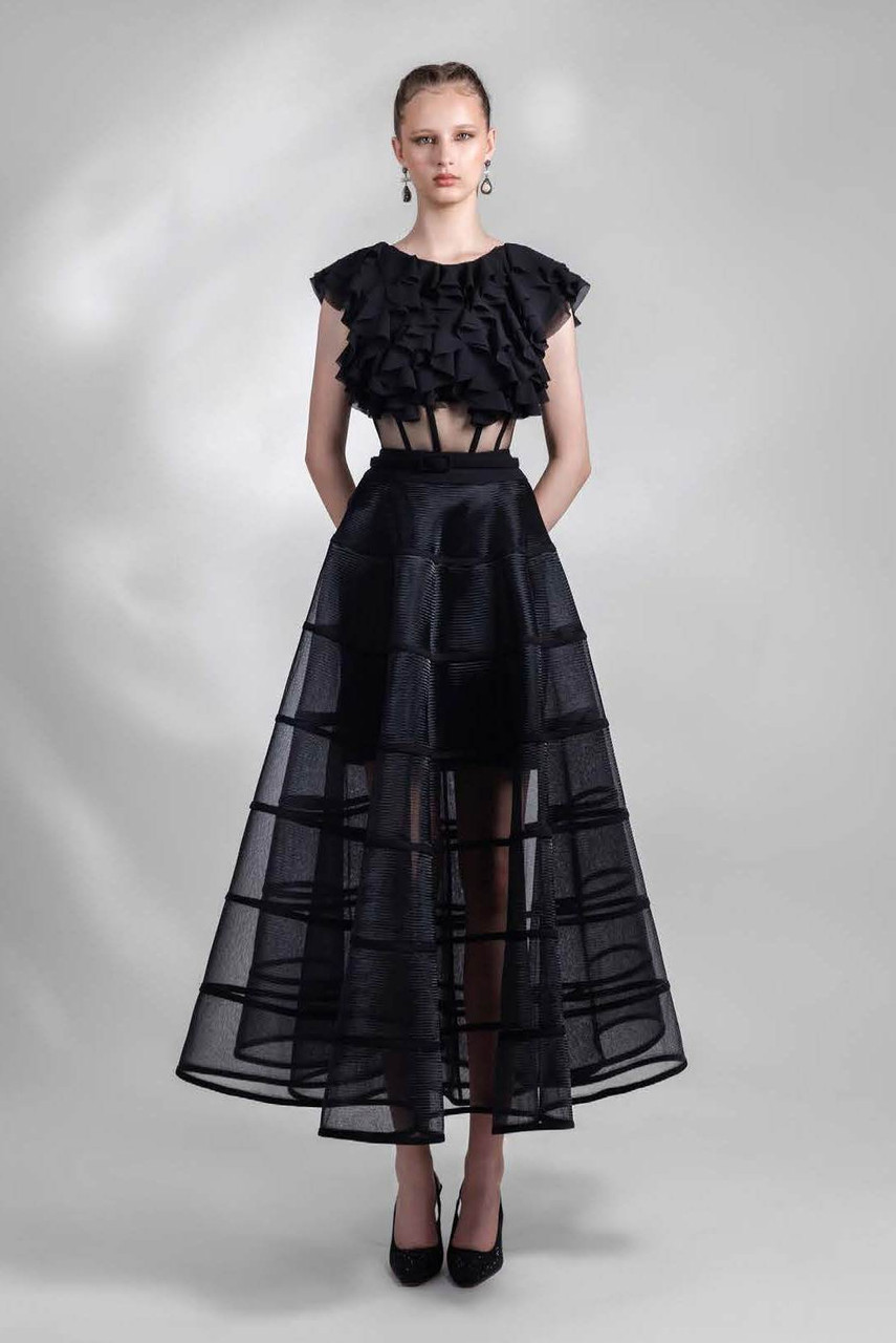 Shop Gemy Maalouf Laser-cut Chiffon Top With Cage-like Skirt