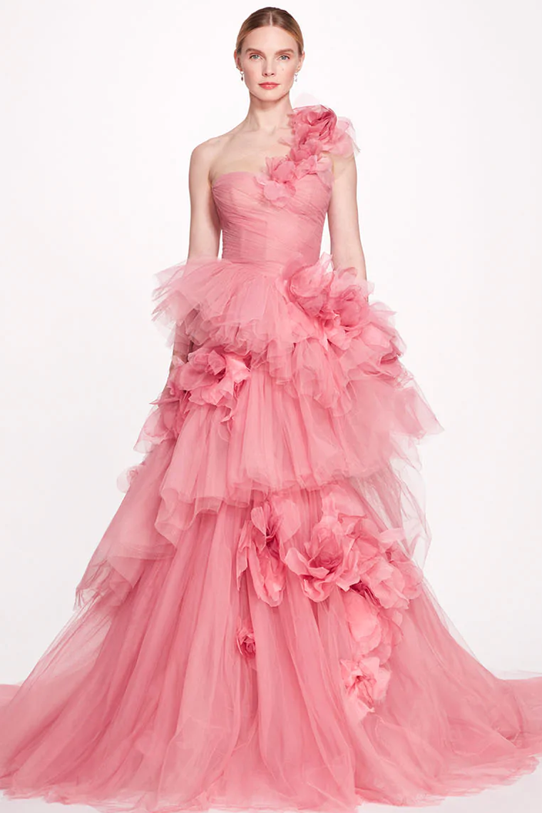 Marchesa Tulle Ball Gown With Scattered 3d Flowers In Pink