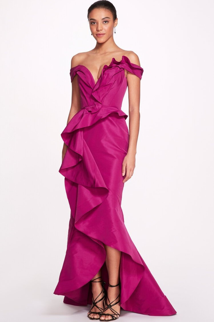 Marchesa Off The Shoulder Faille Gown In Orchid