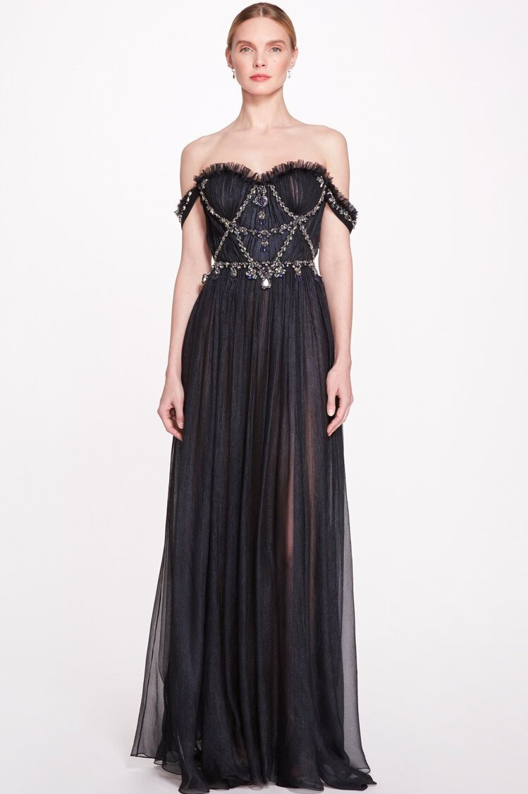 Marchesa Grecian Metallic Finish Chiffon Gown