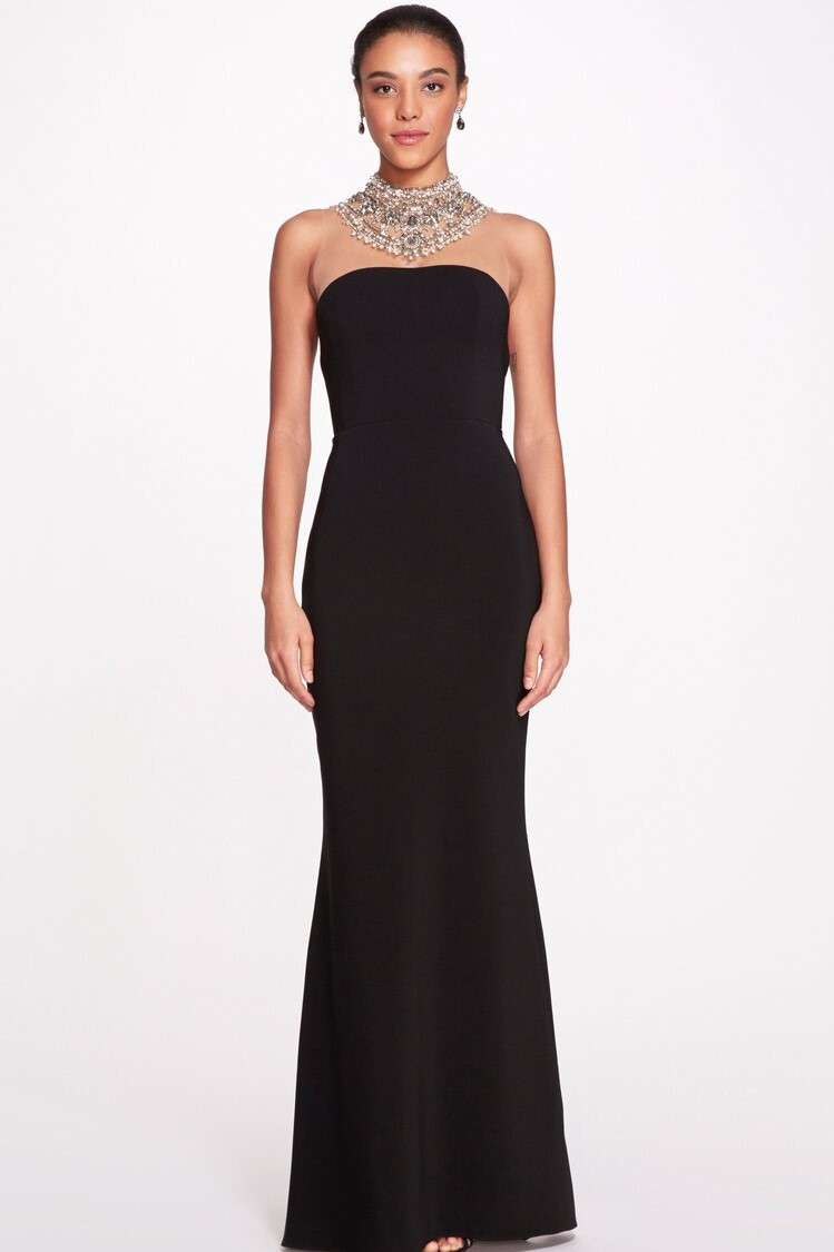 Marchesa Illusion Tulle Yoke Stretch Crepe Gown In Black