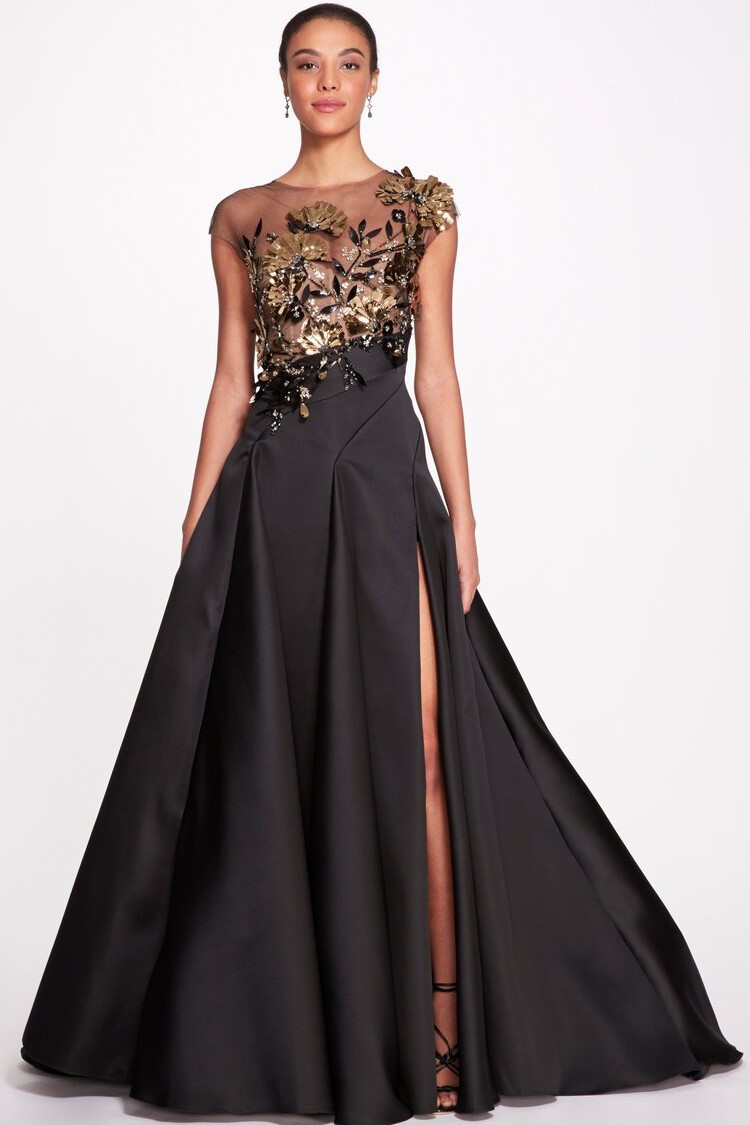 Marchesa Illusion Tulle Duchess Satin Ball Gown In Black Gold