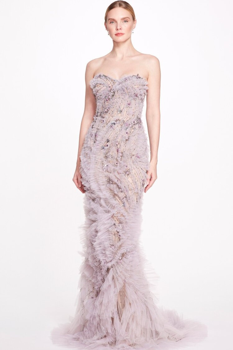 Shop Marchesa Strapless Textured Flared Gown