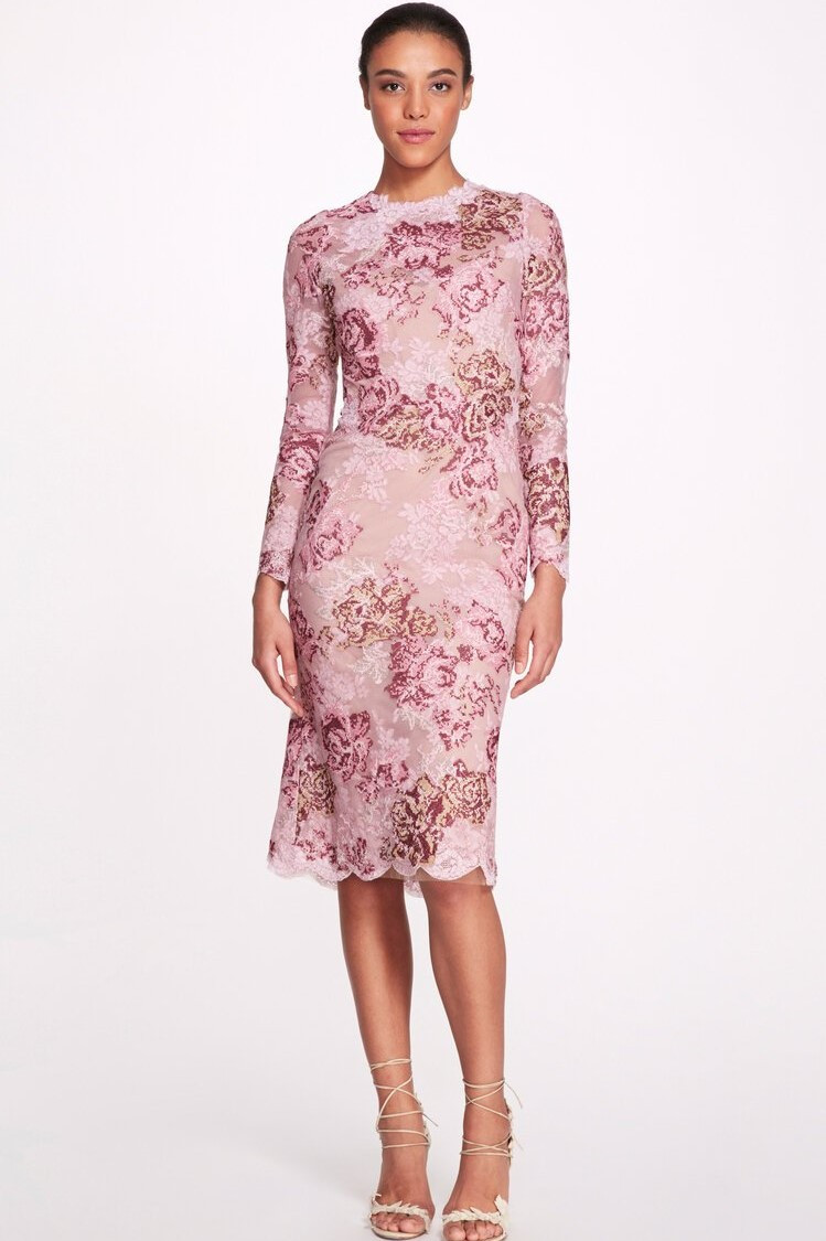 Marchesa Long Sleeve Needlepoint Embroidered Dress