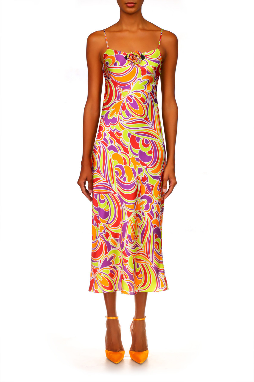 Rodarte Rose-brooch Abstract-print Crepe Slip Dress In Multi