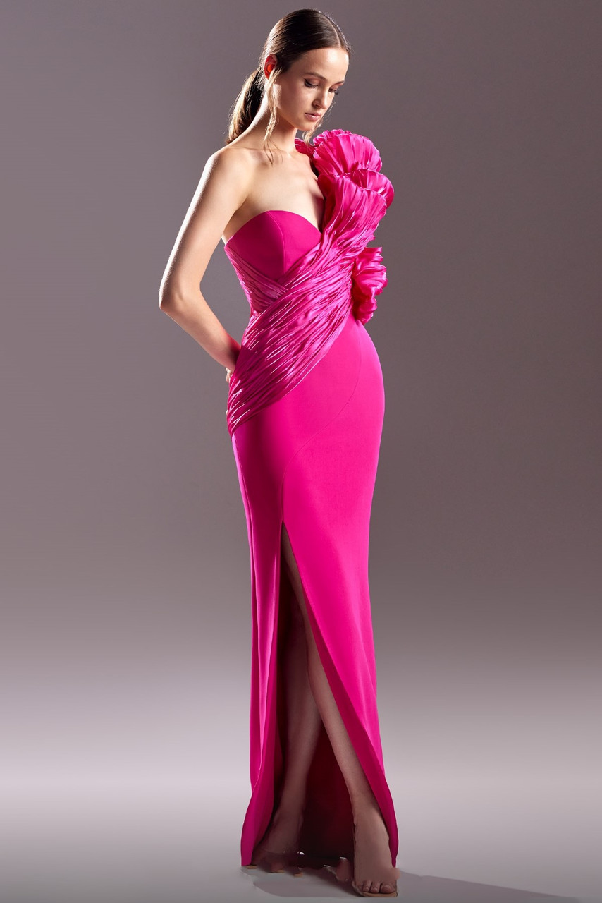 Gaby Charbachy Blossoming Shoulder Crepe Gown