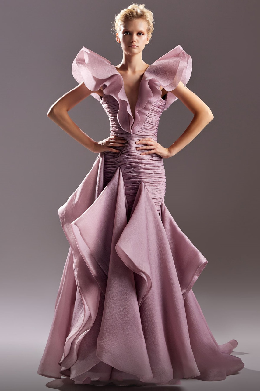 Gaby Charbachy Rosewood Organza Gown With Ruffles