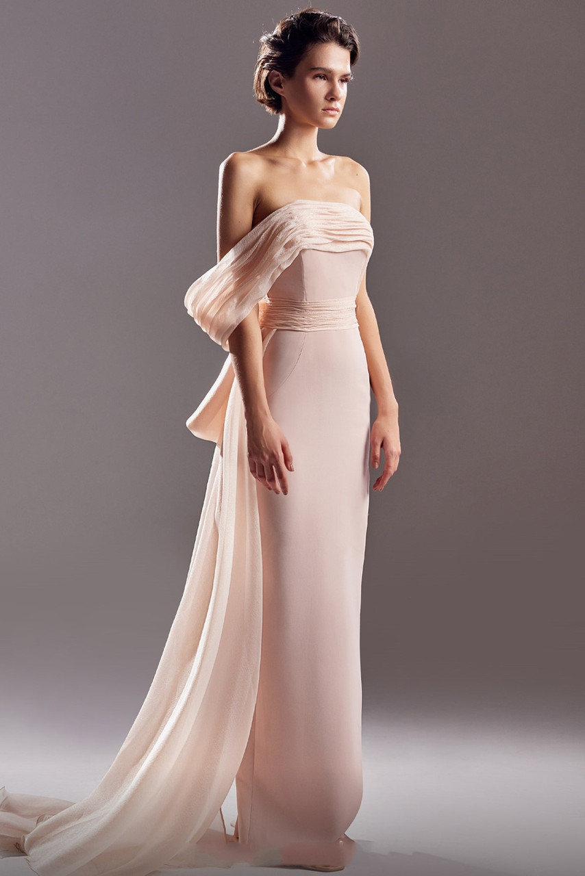 Gaby Charbachy Shimmery Back Bow Tie Crepe Gown