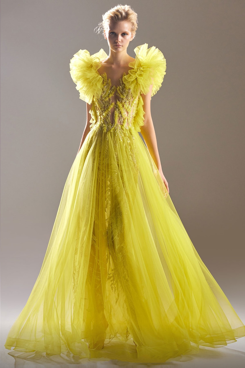 Gaby Charbachy Ruffled Shoulders Tulle Gown