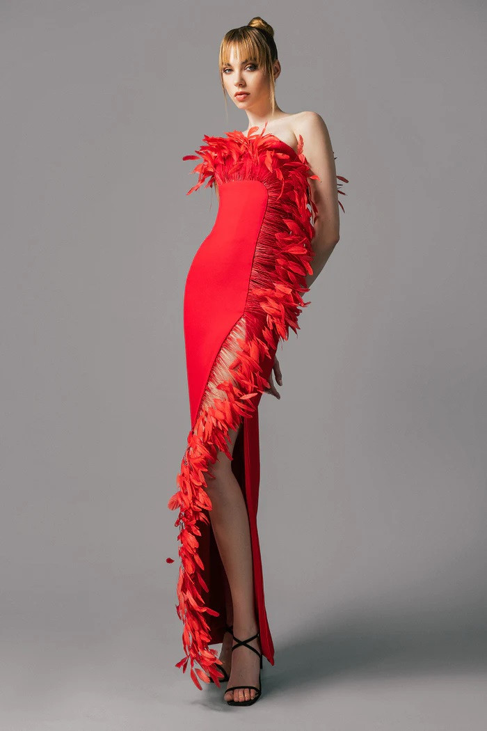 Jean Louis Sabaji Crepe Gown With Feathered Trim In Multi