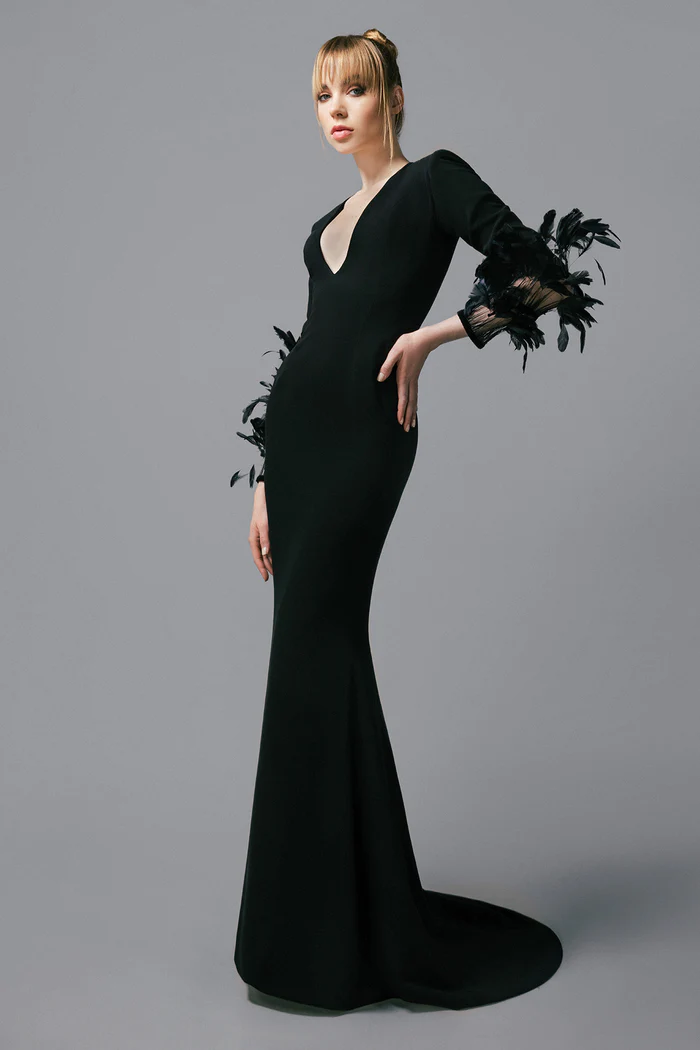 Jean Louis Sabaji Crepe Gown With Feathered Sleeves In Multi
