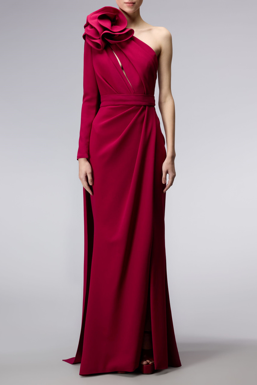 Elie Saab Asymmetric Cady Gown In Claret