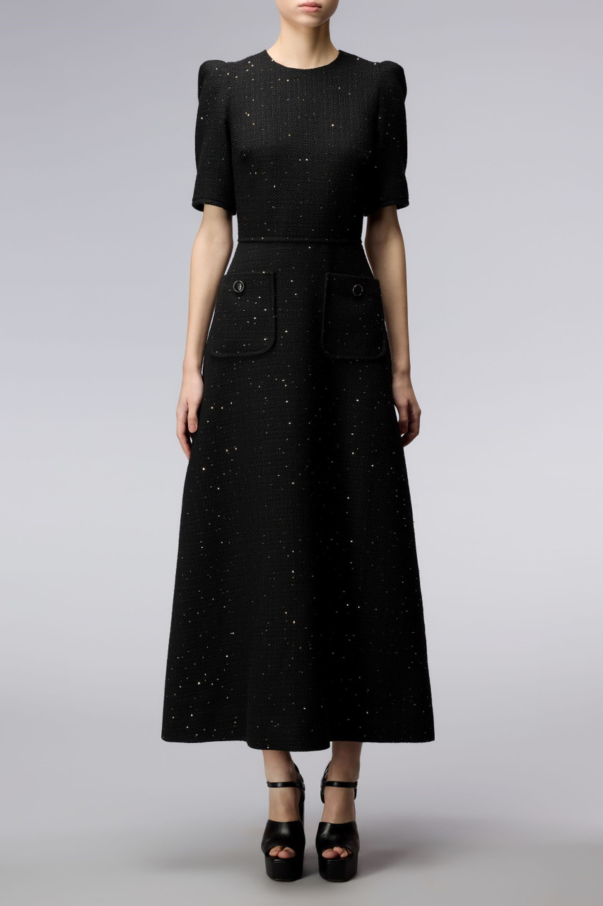 Elie Saab Tweed Short Sleeve Midi Dress In Black