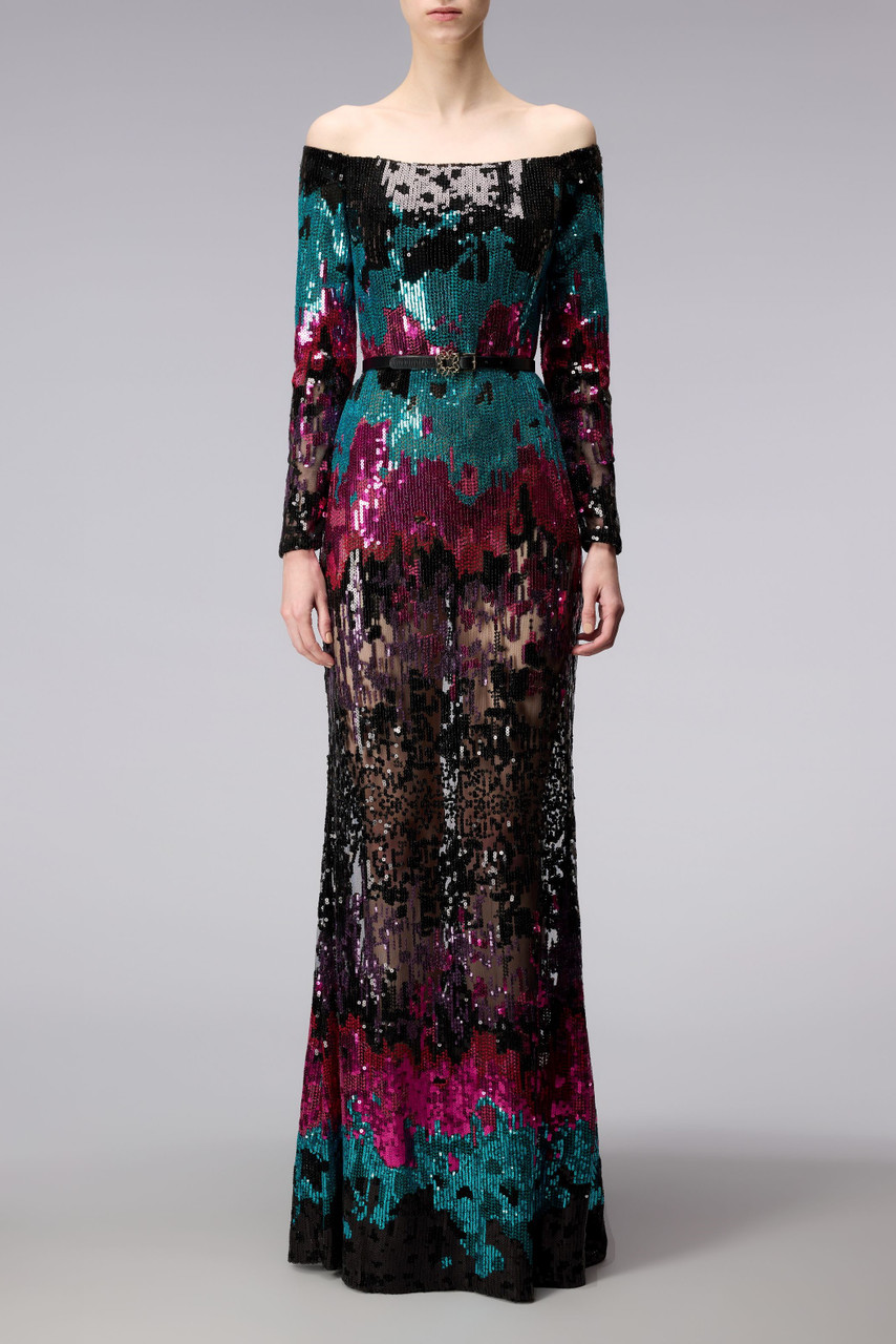 Shop Elie Saab Off Shoulder Sequin Tulle Gown