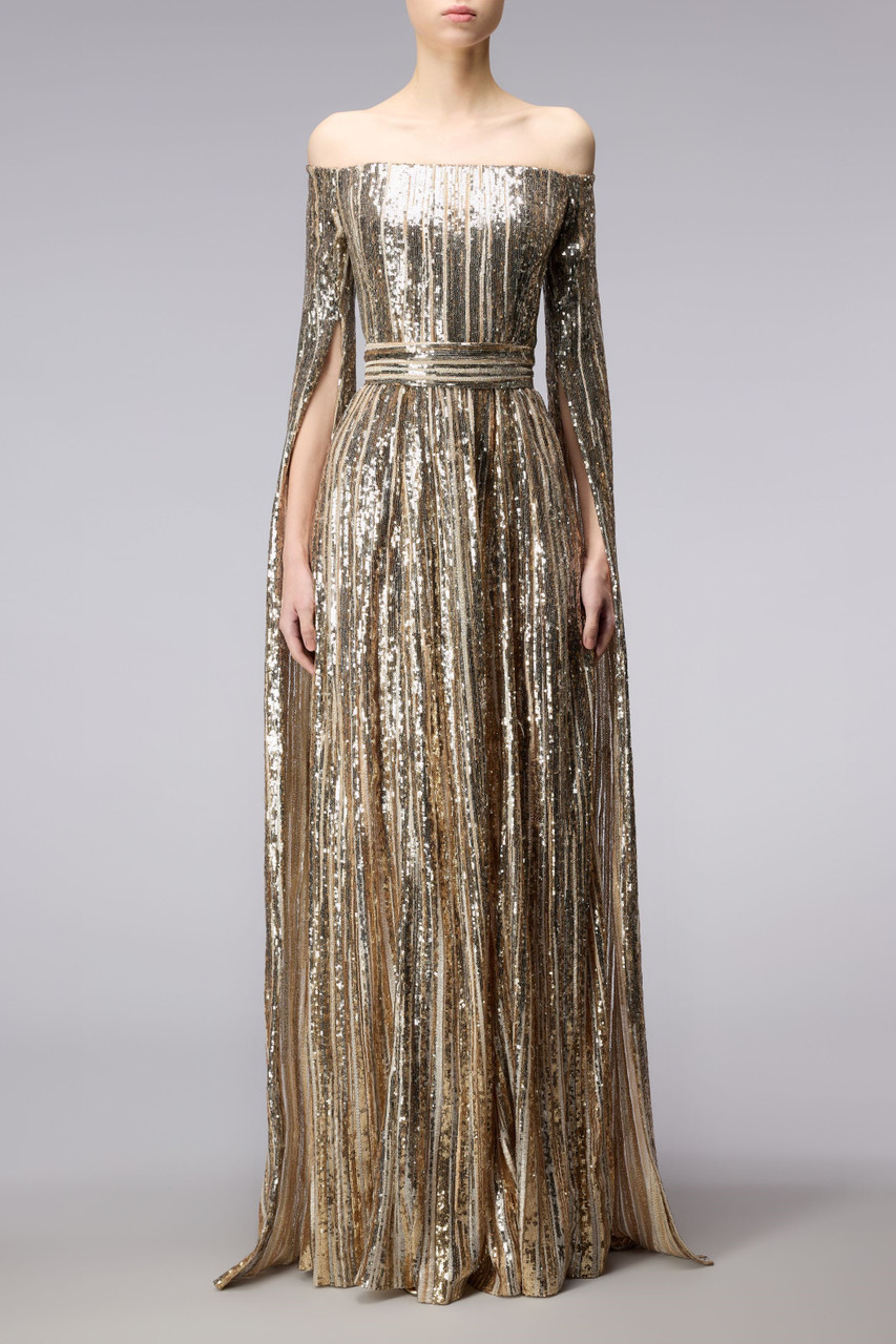 Shop Elie Saab Off The Shoulder Sequin Tulle Gown