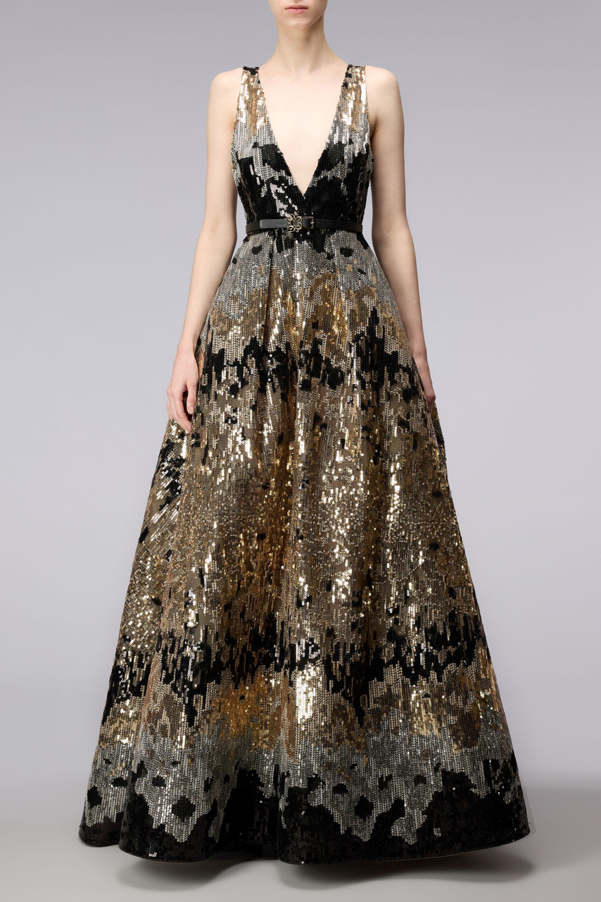 Elie Saab Sleeveless Tulle Embroidered A-line Gown In Gold Black Silber