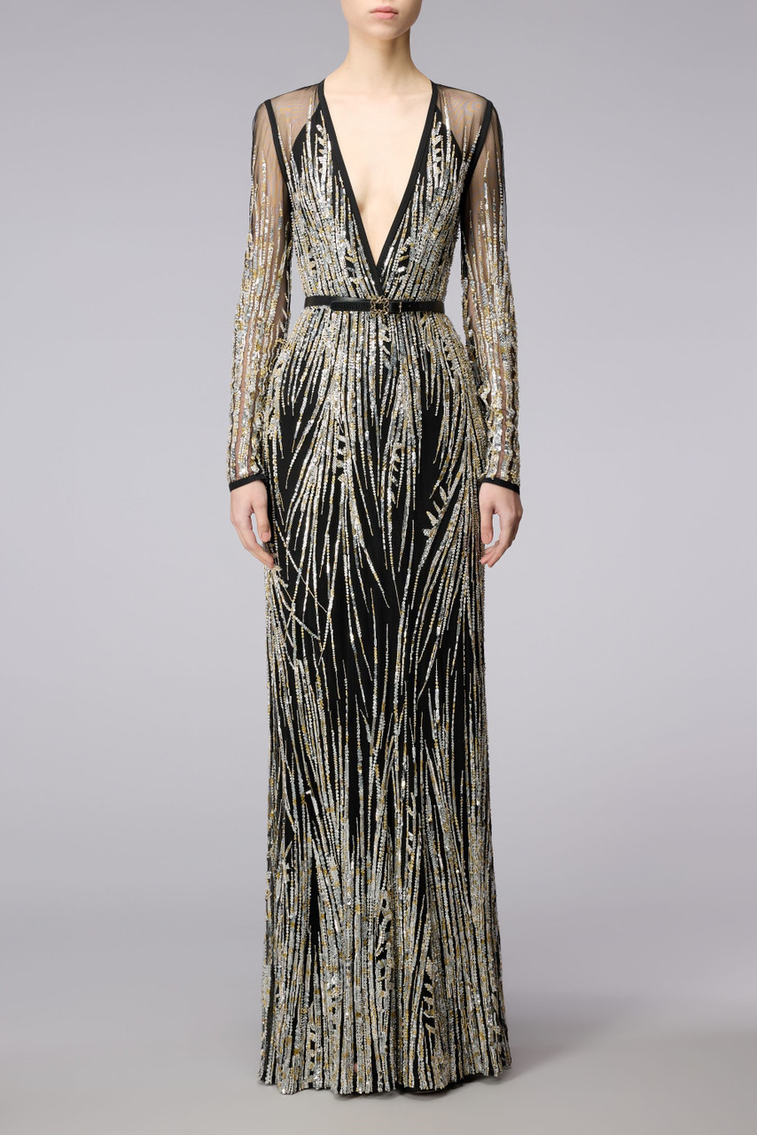 Elie Saab Long Sleeve Tulle Embroidered Gown