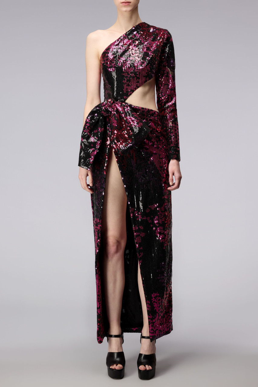 Elie Saab Asymmetric Sequin Tulle Cutout Gown