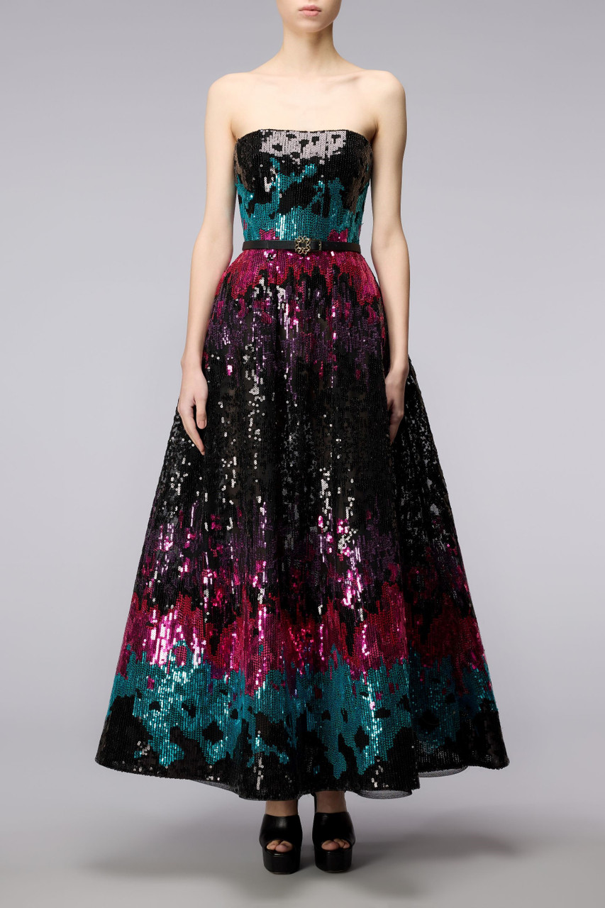 Elie Saab Strapless Tulle Embroidered Midi Dress