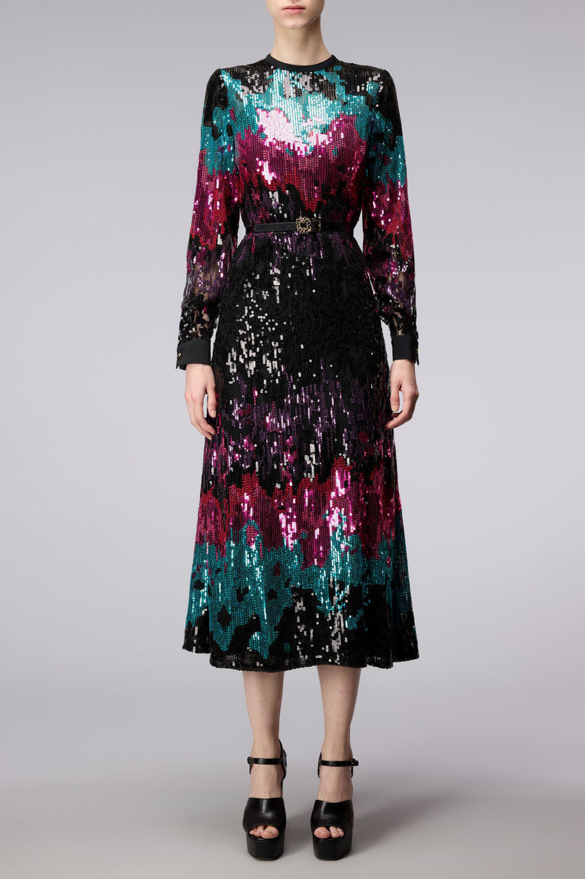 Shop Elie Saab Long Sleeve Tulle Embroidered Midi Dress