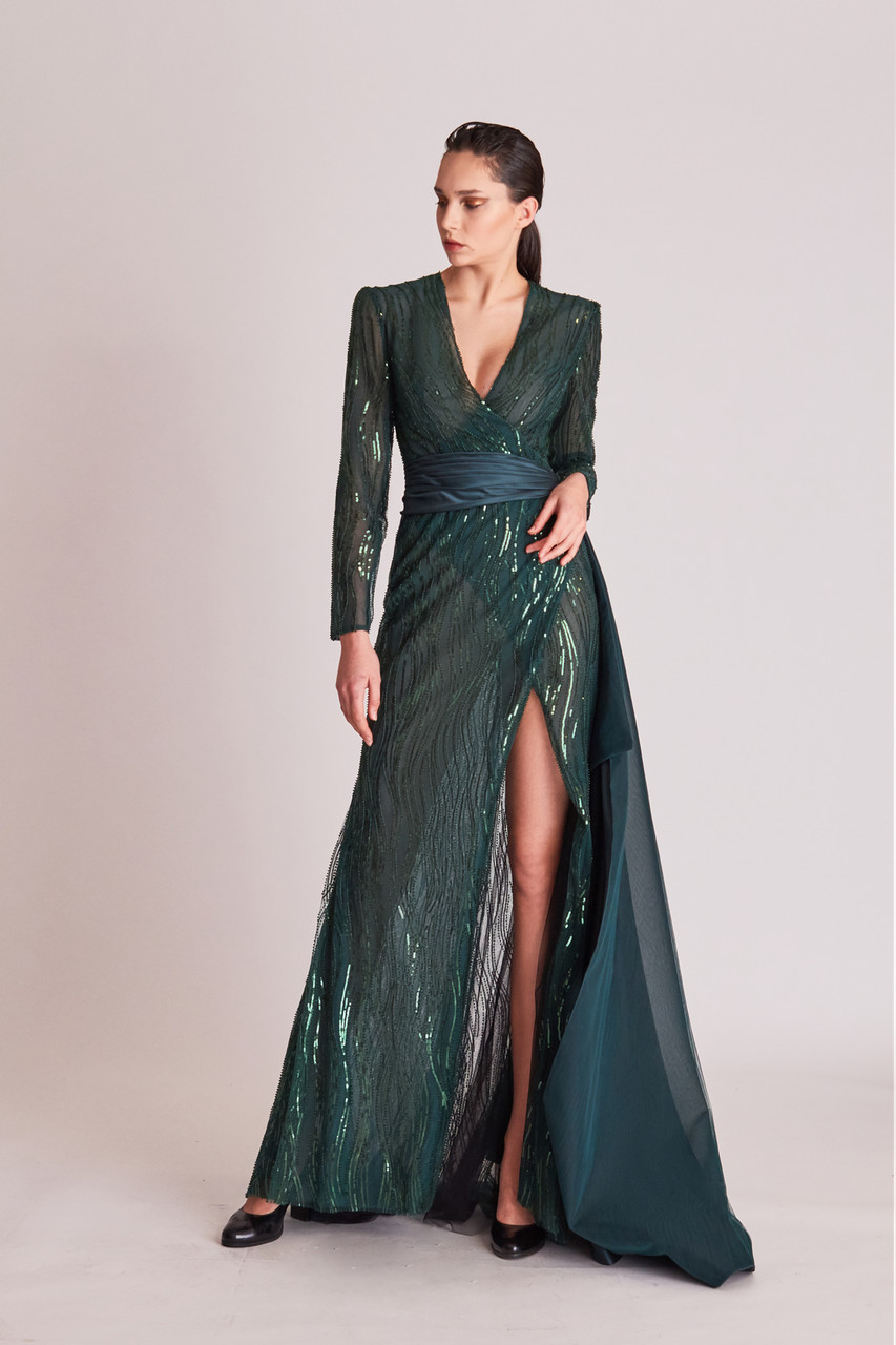 Gatti Nolli By Marwan Long Sleeve - Embellished Draped Slit Gown In Green