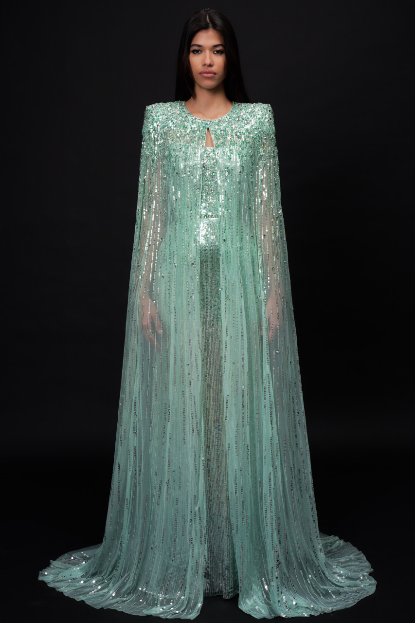 Jenny Packham Midnight Mint Gown With Lapwing Cape In Multi