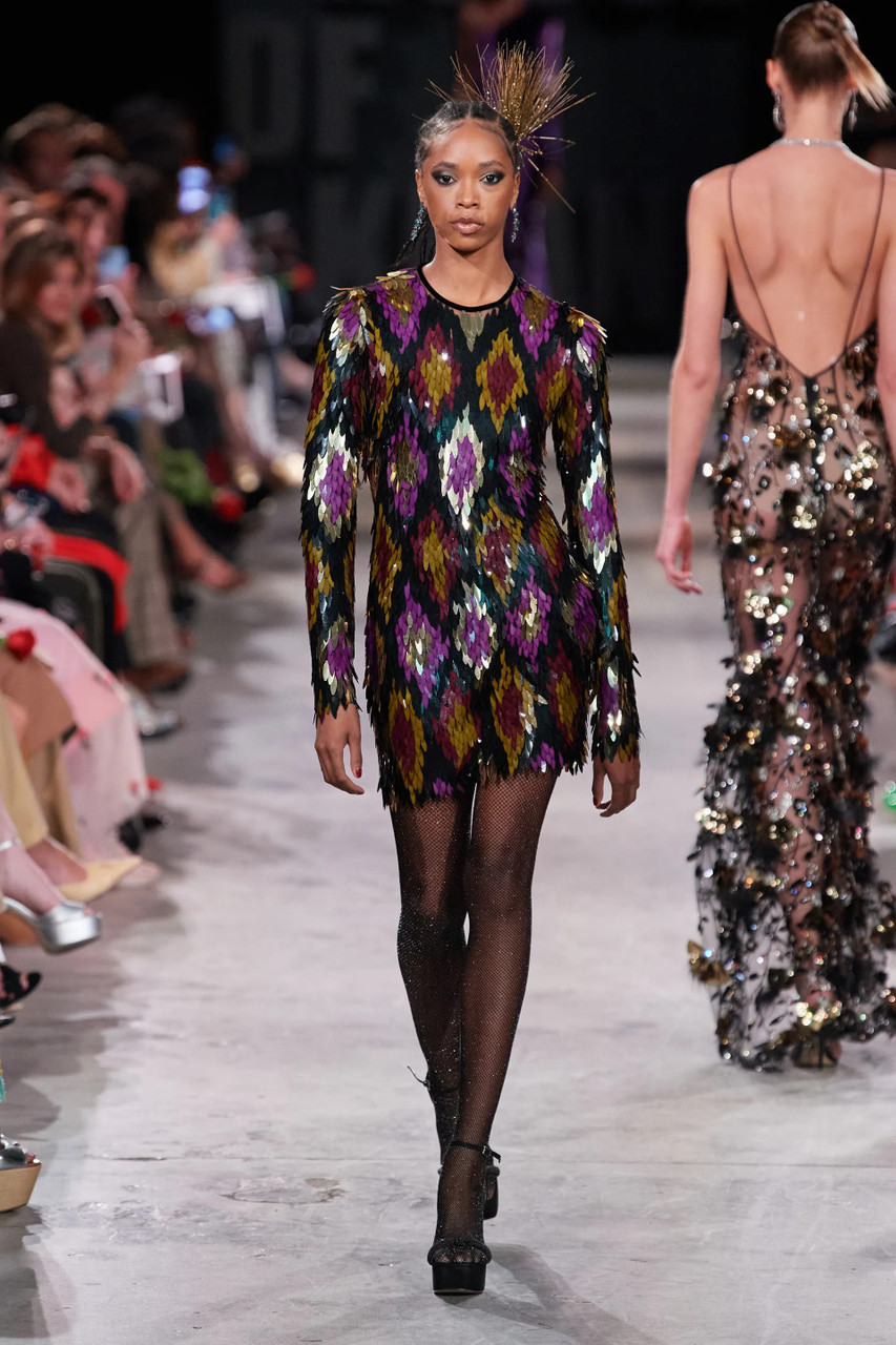 Naeem Khan Sequin Long-sleeve Jewel Neck Dress In Black Gold Purple