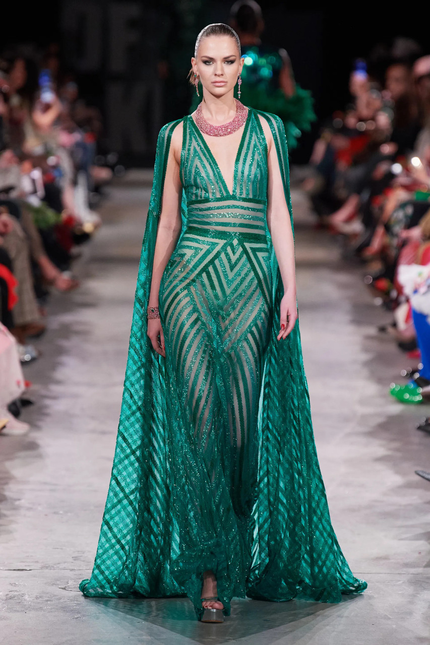 Naeem Khan Geometric Glass Bead Deep V-neck Gown With Cape In Multi