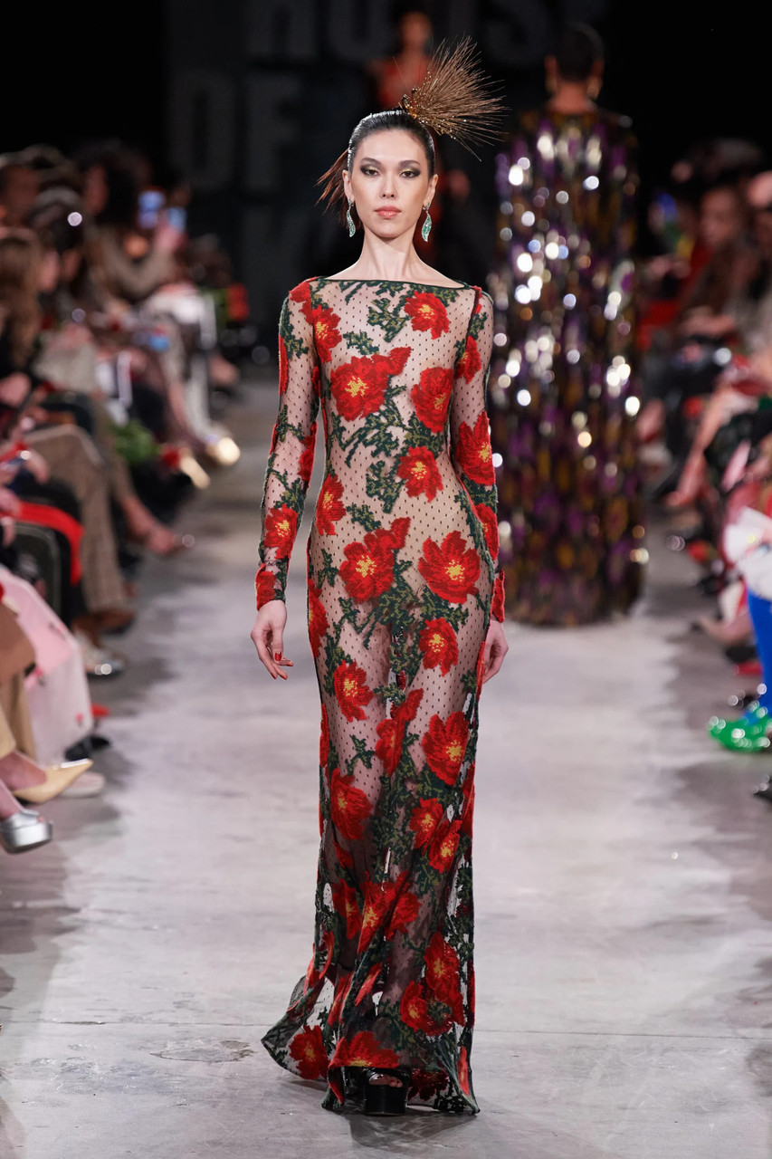 Naeem Khan Floral Applique Point D'esprit Long Sleeve Gown In Multi