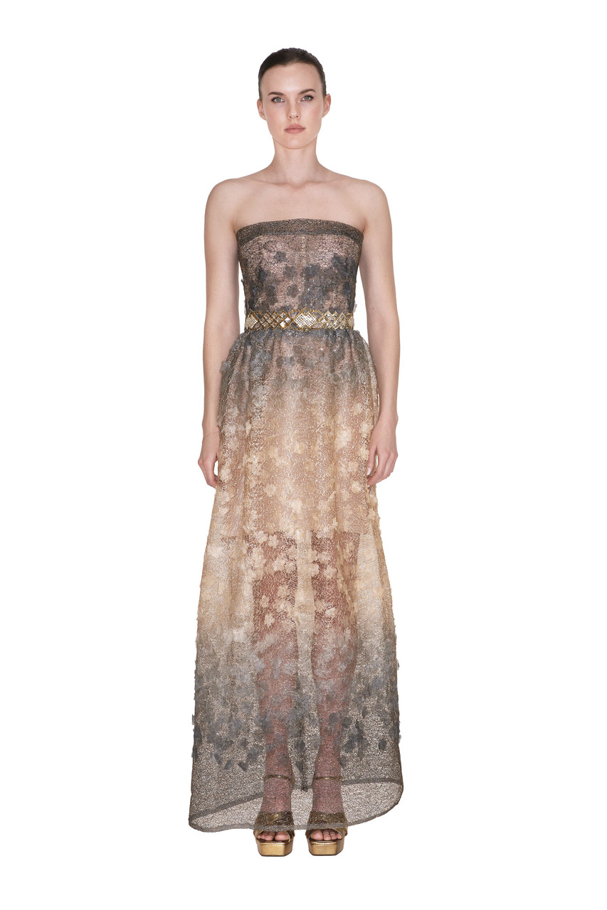 Reem Acra Strapless Lace Applique Gown In Multi