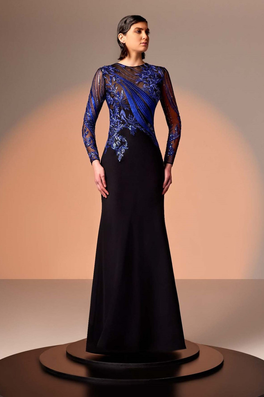 Edward Arsouni Long Sleeve Crepe Gown With Blue Lace In Multi