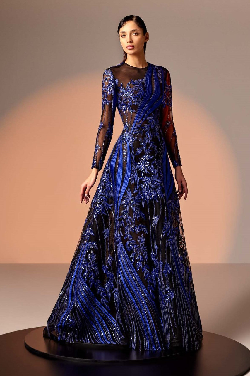 Edward Arsouni Embellished Lace Long Sleeve Gown In Multi