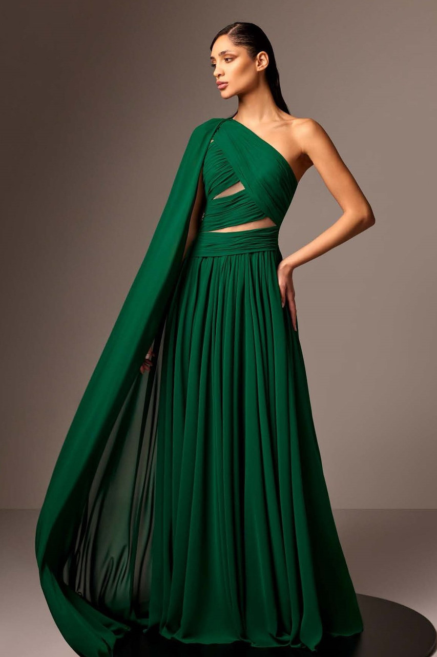 Edward Arsouni One Shoulder Cape Sleeve Crepe Georgette Gown In Multi