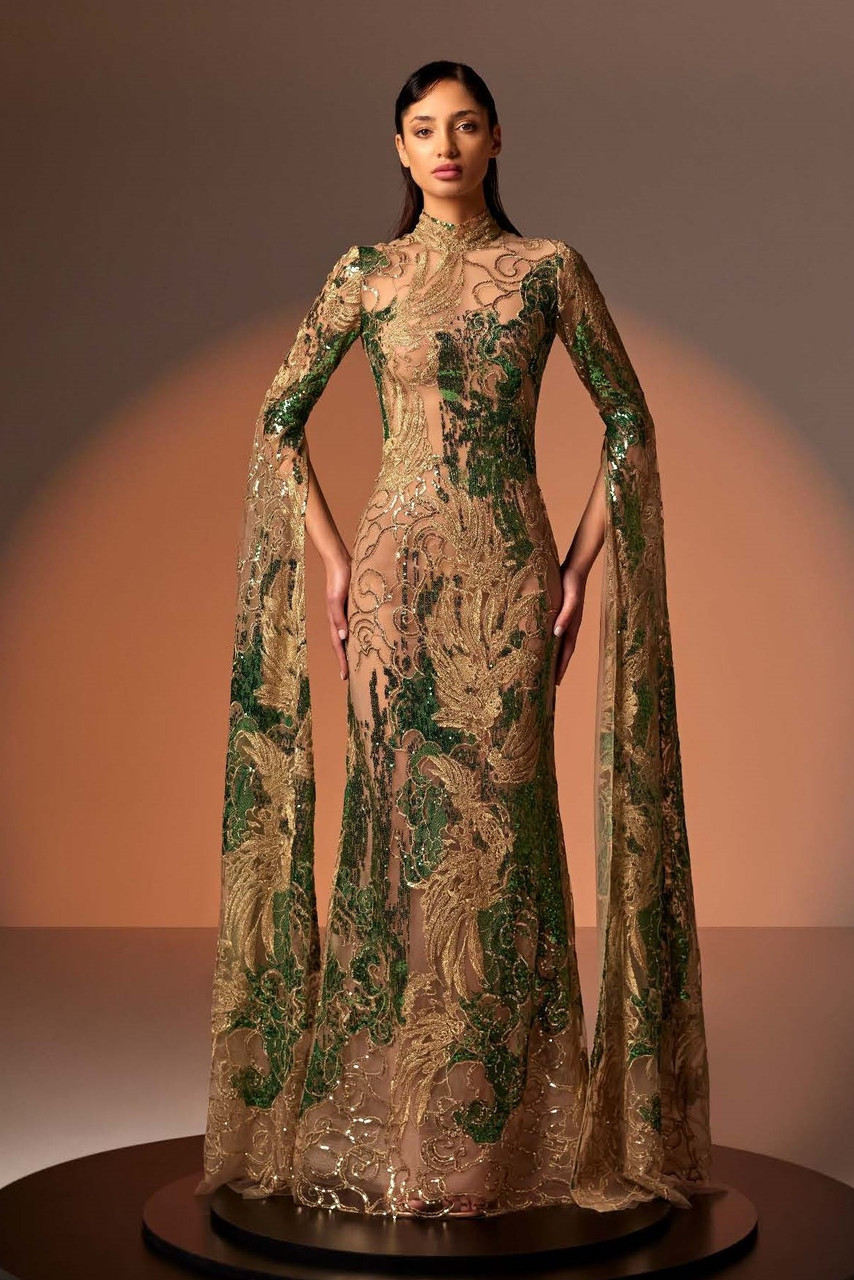 Edward Arsouni Gold And Green Lace Gown In Multi