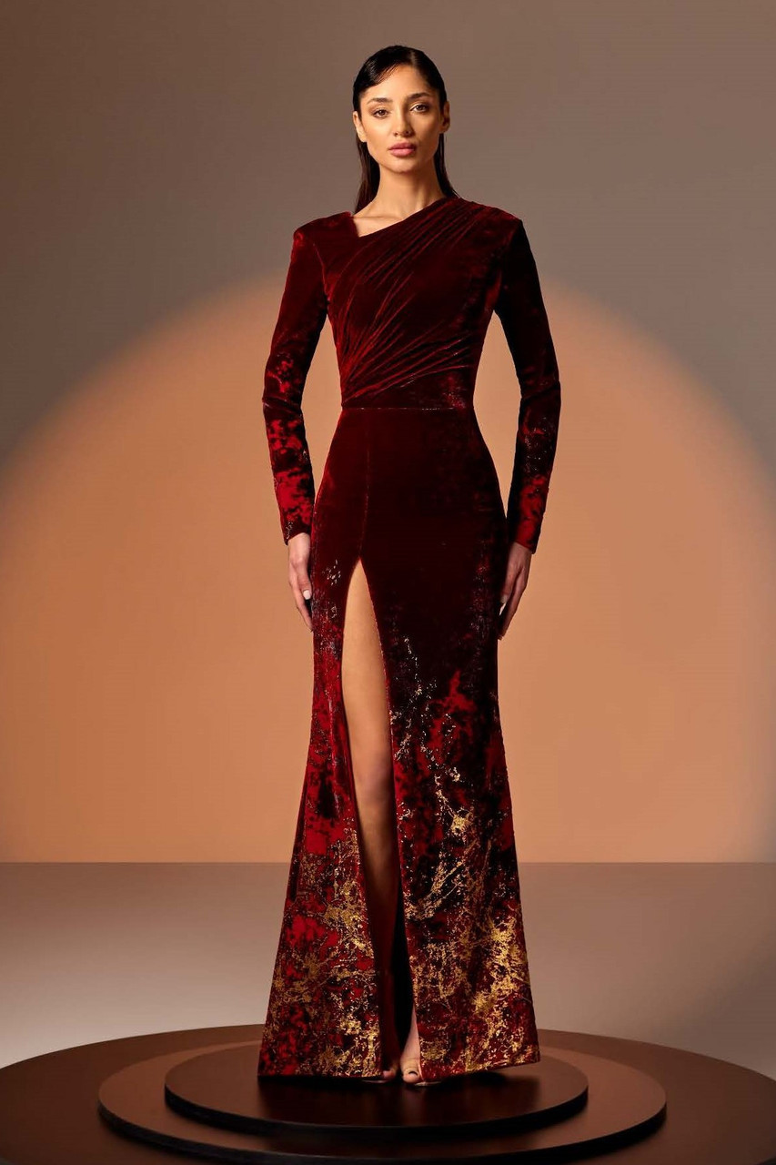 Edward Arsouni Long Sleeve Velvet Gown With Slit In Multi