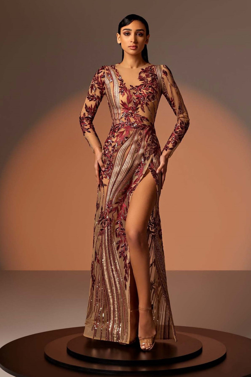 Edward Arsouni Tulle Embroidered Long Sleeve Gown With Slit In Multi