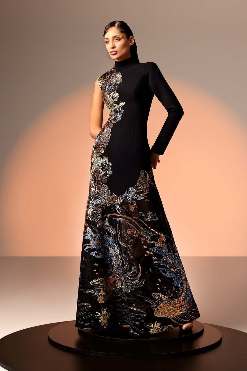 Edward Arsouni Asymmetrical Crepe And Lace Gown In Multi