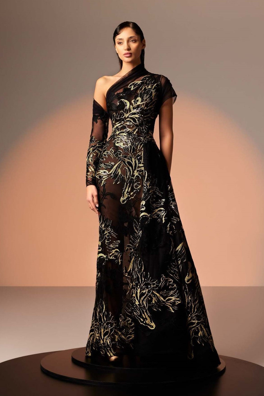 Edward Arsouni Black And Gold Lace One Shoulder Gown In Multi