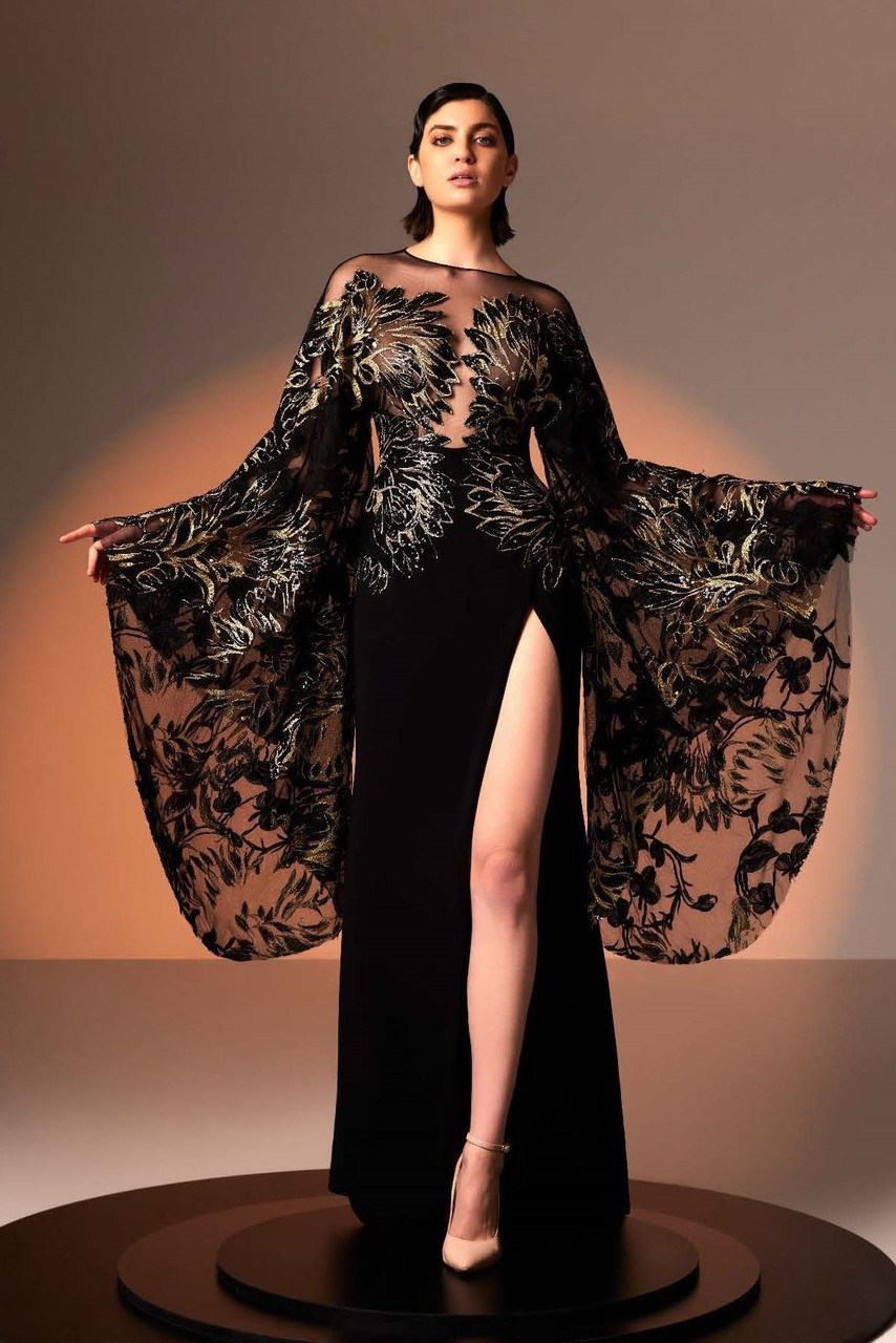 Edward Arsouni Crepe Gown With Black And Gold Lace In Multi