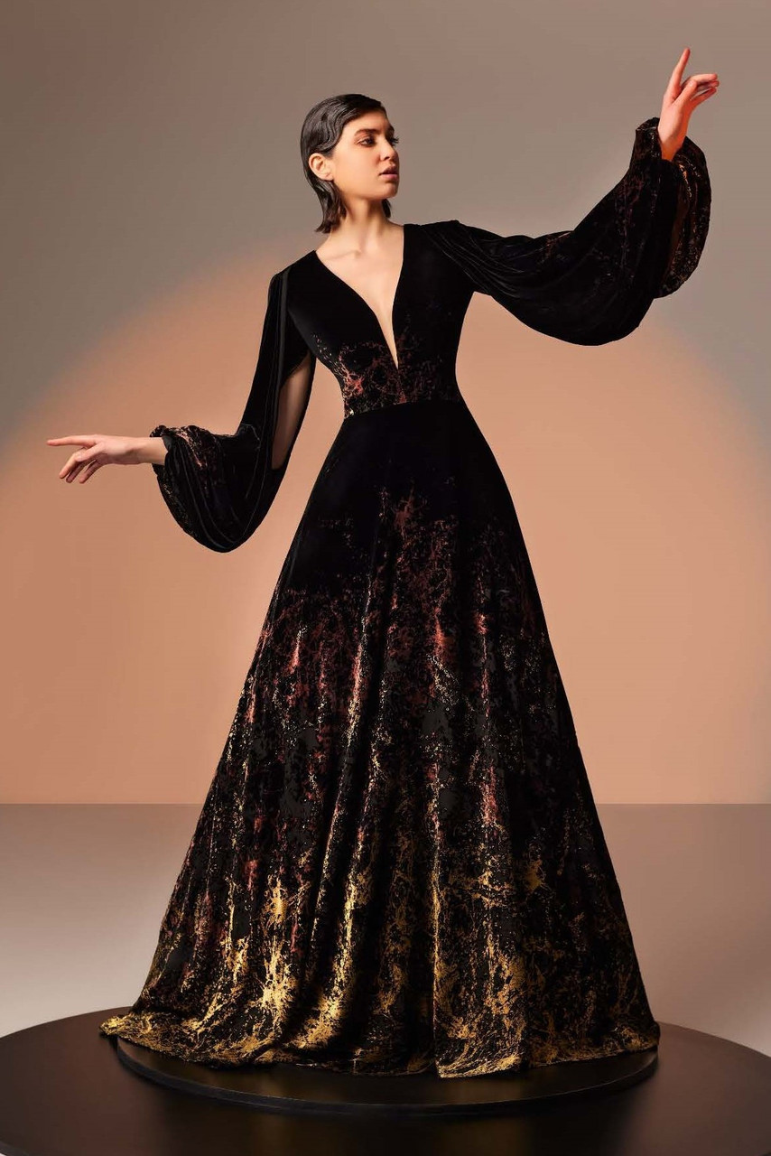 Edward Arsouni Long Sleeve A-line Velvet Gown In Multi