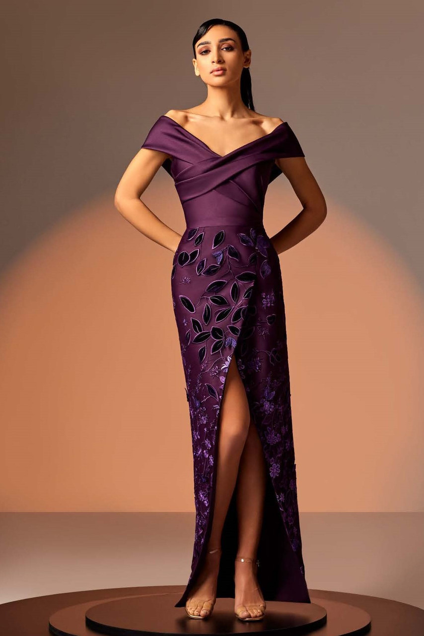 Edward Arsouni Mikado Gown With Embroidered Velvet In Multi